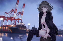 Rule 34 | 1girl, arm support, artistic nudity, black footwear, black jacket, black panties, blue eyes, blurry, boots, breasts, breasts apart, building, collarbone, commentary request, container, container ship, crane (machine), depth of field, eyelashes, feet out of frame, floodlights, fur jacket, green eyes, green hair, harbor, heterochromia, highleg, highleg panties, idolmaster, idolmaster cinderella girls, jacket, jacket on shoulders, kaoming, lingerie, lips, looking at viewer, medium breasts, mole, mole under eye, night, outdoors, panties, parted lips, reflection, shiny clothes, ship, shipping container, short hair, sitting, sky, solo, takagaki kaede, thigh boots, thighhighs, topless, tsurime, underwear, water, watercraft