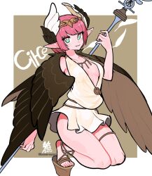 Rule 34 | 1girl, breasts, character name, circe (fate), dress, fate/grand order, fate (series), feathered wings, green eyes, hacco mayu, head wings, highres, holding, holding staff, jewelry, looking at viewer, multicolored eyes, necklace, pink eyes, pink hair, pointy ears, short hair, small breasts, solo, staff, thick thighs, thighs, tiara, twitter username, wings