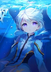 Rule 34 | 10s, 1boy, air bubble, bishounen, blush, bubble, gradient background, iceberg, male focus, mikleo (tales), name (oiuio), open mouth, purple eyes, short hair, solo, tales of (series), tales of zestiria, underwater