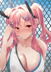 Rule 34 | 1girl, azur lane, bare shoulders, breasts, bremerton (azur lane), bremerton (scorching-hot training) (azur lane), chain-link fence, cleavage, crop top, fence, hair ornament, highres, large breasts, light blush, long hair, multicolored hair, no mole, pink hair, red eyes, shirt, sleeveless, sleeveless shirt, solo, sportswear, streaked hair, sweat, tennis uniform, twintails, two-tone shirt, upper body, wet, wet clothes, white shirt, x hair ornament, yami2333