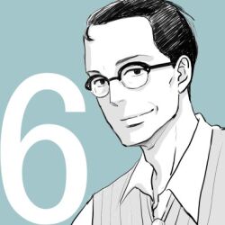 Rule 34 | 1boy, blue background, glasses, grey background, greyscale with colored background, kodama yuki, looking at viewer, lowres, male focus, monochrome, mukae tsutomu, official art, old, old man, round eyewear, sakamichi no apollon, short hair, smile, solo, sweater vest, upper body