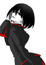 androgynous black_eyes black_hair black_pants black_shirt bob_cut empty_eyes highres looking_at_viewer monogatari_(series) naoetsu_high_school_uniform open_mouth oshino_ougi pale_skin pants school_uniform shirt sleeves_past_fingers sleeves_past_wrists smile turtleneck upper_body very_long_sleeves yomei_(r_kome2)