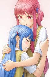 Rule 34 | 2girls, :o, bare arms, blue hair, closed eyes, crying, fingernails, furrowed brow, hug, kotonoha akane, kotonoha aoi, kurione (zassou), long hair, looking at another, multiple girls, one side up, open mouth, pink hair, red eyes, shirt, short sleeves, siblings, sidelocks, sideways mouth, simple background, sisters, straight hair, sweater vest, tears, teeth, voiceroid, white background, white shirt