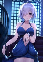 Rule 34 | 1girl, ahoge, alternate costume, ayul (ayulneri 92), bare shoulders, blue bow, blue bracelet, blue dress, blush, bow, bracelet, breasts, cleavage, closed mouth, collarbone, cowboy shot, dress, fate/grand order, fate (series), hair over one eye, indoors, jewelry, large breasts, looking at viewer, mash kyrielight, one eye covered, outstretched hand, pink hair, purple eyes, short hair, skirt hold, sleeveless, sleeveless dress, smile, solo, sparkle, stairs, window