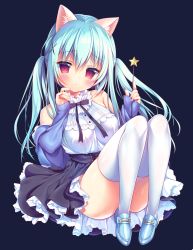 Rule 34 | amanagi seiji, animal ears, aqua footwear, aqua hair, bare shoulders, black ribbon, black skirt, blush, collar, commentary request, frilled collar, frilled skirt, frills, hair ornament, knees up, loafers, looking at viewer, original, petticoat, red eyes, ribbon, shoes, sidelocks, simple background, skirt, solo, thighhighs, white thighhighs, x hair ornament