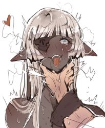 Rule 34 | 1girl, ahegao, ahoge, asphyxiation, bare shoulders, blush, character request, dark-skinned female, dark elf, dark skin, drooling, elf, eyelashes, eyepatch, gloves, heart, long hair, open mouth, pointy ears, rolling eyes, saliva, simple background, smile, solo focus, source request, strangling, tagme, tears, teeth, tongue, tongue out, white background, white hair