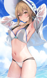 Rule 34 | 1girl, absurdres, alternate costume, arms up, bikini, blonde hair, blue sky, blush, breasts, cleavage, cloud, cowboy shot, cropped jacket, day, flower, genshin impact, hat, hat flower, highres, jacket, looking at viewer, lumine (genshin impact), medium breasts, navel, outdoors, parted lips, shirt, short hair with long locks, sidelocks, skai kun, skindentation, sky, solo, stomach, sun hat, swimsuit, thighs, wading, water, wet, wet clothes, wet shirt, white bikini, white flower, white hat, white jacket, yellow eyes