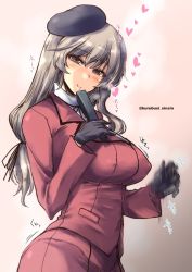 Rule 34 | 1girl, black gloves, black hat, formal, girls und panzer, gloves, hand fan, hat, heart, high collar, jacket, light brown hair, long hair, long sleeves, low-tied long hair, mature female, motion blur, motion lines, red jacket, shimada chiyo, shinshin, skirt, skirt suit, smile, solo, straight hair, suit, tongue, tongue out, twitter username