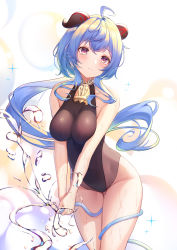 Rule 34 | 1girl, :3, adapted costume, ahoge, airool, bare shoulders, bell, black one-piece swimsuit, blue hair, blush, breasts, breasts squeezed together, casual one-piece swimsuit, closed mouth, collarbone, covered navel, cowboy shot, ganyu (genshin impact), genshin impact, gluteal fold, highres, horns, hose, large breasts, leaning forward, looking at viewer, one-piece swimsuit, purple eyes, simple background, smile, solo, sparkle, splashing, swimsuit, thigh gap, thighs, v arms, water, white background