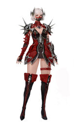 Rule 34 | 1girl, armor, blunt bangs, boots, breasts, commentary, dress, english commentary, fingerless gloves, full body, gloves, grey eyes, high heel boots, high heels, highres, horns, mask, medium breasts, mouth mask, original, short hair, solo, spiked pauldrons, thigh boots, whata, white hair