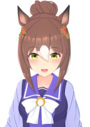 Rule 34 | 1girl, 2-butani, absurdres, animal ears, bow, breasts, brown hair, clover hair ornament, commentary request, fine motion (umamusume), green eyes, hair between eyes, hair bun, hair ornament, highres, horse ears, horse girl, long sleeves, looking at viewer, medium breasts, multicolored hair, open mouth, sailor collar, school uniform, short hair, simple background, smile, solo, streaked hair, tracen school uniform, umamusume, upper body, white background, white bow, white hair
