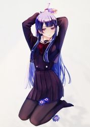 Rule 34 | 1girl, arms behind head, arms up, blackfangs, blue flower, blue hair, bow, bowtie, brown dress, brown pantyhose, buttons, closed mouth, commentary request, cropped jacket, dress, fingernails, flower, full body, gradient background, grey background, hair ribbon, highres, holding, holding flower, holding sheath, light particles, light smile, long hair, long sleeves, looking at viewer, no shoes, pantyhose, pleated dress, purple eyes, purple flower, red bow, red bowtie, red ribbon, ribbon, rinmeikan girls school uniform, sailor collar, scabbard, school uniform, seiza, serafuku, sheath, shoujo kageki revue starlight, shoujo kageki revue starlight -re live-, sidelocks, sitting, solo, tomoe tamao, very long hair, white sailor collar