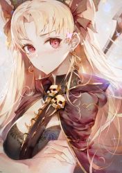 Rule 34 | 1girl, blonde hair, blush, cape, crossed arms, earrings, ereshkigal (fate), fate/grand order, fate (series), hair ribbon, highres, hxxg, jewelry, long hair, looking at viewer, red cape, red eyes, red ribbon, ribbon, skull, solo, sparkle, tiara, tohsaka rin, twintails