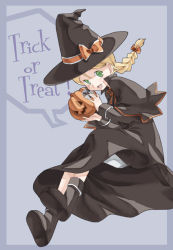 Rule 34 | 00s, 1girl, august (coyote ragtime show), black dress, blonde hair, blue background, boots, braid, coyote ragtime show, dress, green eyes, halloween, hat, jack-o&#039;-lantern, pumpkin, short hair, smile, solo, takano natsuki, trick or treat, witch hat