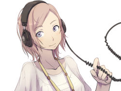Rule 34 | 1girl, cable, face, headphones, jewelry, lowres, necklace, original, painpa, pink hair, purple eyes, shirt, short hair, simple background, smile, solo, white shirt