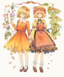 Rule 34 | 2girls, aki minoriko, aki shizuha, apron, autumn leaves, black ribbon, black skirt, blonde hair, bobby socks, brown footwear, bug, butterfly, center frills, closed mouth, commentary request, flower, food, food-themed hair ornament, frilled shirt collar, frills, fruit, full body, grape hair ornament, hair ornament, hat, highres, holding, holding flower, holding hands, hourai kiriri, insect, leaf, loafers, long sleeves, looking at viewer, mary janes, mob cap, multiple girls, open mouth, orange apron, orange eyes, orange headwear, orange shirt, orange skirt, purple flower, ribbon, shirt, shoes, short hair, siblings, sisters, skirt, socks, touhou, white background, white socks, yellow shirt