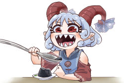 Rule 34 | 1girl, bare shoulders, blue dress, chamaji, curly hair, dress, earrings, eating, highres, horn ornament, horn ribbon, horns, jewelry, oversized object, plate, pointy ears, red eyes, red horns, red sleeves, ribbon, sharp teeth, sheep horns, solo, teeth, touhou, toutetsu yuuma, utensil