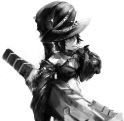 Rule 34 | 1girl, artist request, barmelin swattis nolne, choker, cleavage cutout, clothing cutout, crop top, detached sleeves, drawfag, finger to mouth, greyscale, hat, highres, huge weapon, koukaku no regios, midriff, monochrome, non-web source, short hair, weapon, witch hat