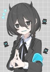 Rule 34 | 1girl, @ @, armband, black eyes, black hair, black jacket, blush, braid, collared shirt, flying sweatdrops, hair between eyes, highres, horns, indie virtual youtuber, jacket, long hair, long sleeves, looking at viewer, neck ribbon, osakanaaaaaa, own hands together, parted lips, ribbon, shirt, simple background, solo, steepled fingers, stitched neck, stitches, twin braids, upper body, virtual youtuber, white shirt, yamata ia