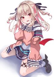 Rule 34 | 1girl, black ribbon, commentary request, eyelashes, gradient hair, hair ornament, hair ribbon, happy, highres, long hair, looking at viewer, makaino ririmu, mamadasky, multicolored hair, nijisanji, pink hair, pointy ears, red eyes, ribbon, shoes, simple background, smile, solo, streaked hair, two-tone hair, virtual youtuber, white background