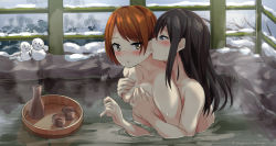 Rule 34 | 2girls, bath, bathing, black hair, blue eyes, blush, grabbing another&#039;s breast, breasts, brown hair, commentary request, grabbing, grabbing from behind, groping, long hair, looking at another, multiple girls, nude, onsen, original, partially submerged, ringocha (appleteatea), rock, steam, sweat, wading, water, wet, yellow eyes, yuri