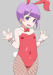 Rule 34 | 1girl, blush stickers, child, covered navel, fishnet pantyhose, fishnets, flat chest, grey background, highres, looking at viewer, manaka non, open mouth, pantyhose, playboy bunny, pretty series, pripara, purple eyes, purple hair, short hair, simple background, smile, solo, standing, yonekura hisaki