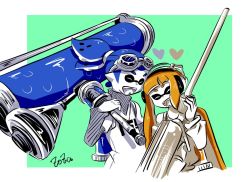 Rule 34 | 1boy, 1girl, artist name, blue hair, blunt bangs, closed eyes, couple, donut (zoza), dynamo roller, dynamo roller (splatoon), e-liter 3k (splatoon), fangs, green background, hair slicked back, headphones, heart, hetero, holding, holding weapon, ink tank (splatoon), inkling, inkling boy, inkling girl, inkling player character, layered clothes, layered sleeves, long hair, long sleeves, nintendo, open mouth, orange hair, partially colored, pointy ears, pudding (zoza), scrunchie, shirt, short hair, short over long sleeves, short sleeves, signature, smile, splatoon (series), splatoon 1, standing, t-shirt, tank top, tentacle hair, topknot, upper body, weapon, zoza