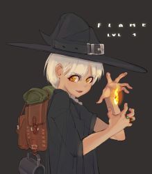 Rule 34 | 1girl, :d, absurdres, backpack, bag, black hat, fang, fire, from side, grey background, hat, hat belt, highres, jewelry, looking at viewer, looking to the side, magic, medium hair, multiple rings, open mouth, orange eyes, original, polilla, pyrokinesis, ring, simple background, skin fang, smile, solo, upper body, white hair, wide sleeves, witch hat
