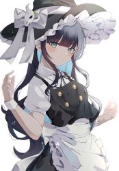 Rule 34 | 1girl, apron, black hair, blue hair, blunt bangs, closed mouth, colored inner hair, dress, expressionless, frilled apron, frilled hat, frills, green eyes, hat, highres, indie virtual youtuber, long hair, looking at viewer, memento mori (vtuber), multicolored hair, puffy short sleeves, puffy sleeves, short sleeves, sidelocks, simple background, solo, two-tone hair, virtual youtuber, waist apron, white apron, white background, witch hat, wrist cuffs, yomogi mogu