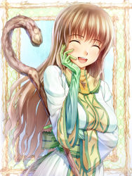 Rule 34 | 1girl, 400, :d, ^ ^, bad id, bad pixiv id, brown hair, closed eyes, dress, elbow gloves, closed eyes, gloves, green gloves, jewelry, long hair, necklace, open mouth, original, smile, solo, staff, teeth