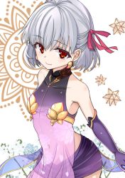 Rule 34 | 1girl, bare shoulders, blue flower, chize, closed mouth, collarbone, commentary request, covered collarbone, dress, earrings, elbow gloves, fate/grand order, fate (series), flower, gloves, grey hair, hair between eyes, hair ribbon, jewelry, kama (fate), kama (first ascension) (fate), navel, purple dress, purple gloves, purple skirt, red eyes, red ribbon, ribbon, see-through, skirt, sleeveless, sleeveless dress, smile, solo, white flower