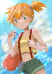 Rule 34 | 1girl, backpack, bag, breasts, closed mouth, cowboy shot, creatures (company), game freak, green eyes, green shorts, gym leader, hair between eyes, highres, looking at viewer, misty (pokemon), navel, nintendo, orange hair, pokemon, pokemon (anime), pokemon (classic anime), pokemon rgby, short hair, shorts, simple background, smile, solo, stomach, suspender shorts, suspenders, water