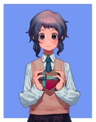 Rule 34 | 1girl, black hair, black skirt, blue background, blush, border, box, brown eyes, bukimi isan, closed mouth, collared shirt, commentary request, cowboy shot, frown, gift, gift box, grey shirt, hands up, heart-shaped box, holding, holding gift, idolmaster, idolmaster million live!, long sleeves, looking at viewer, makabe mizuki, necktie, pleated skirt, shirt, short hair, simple background, skirt, solo, sweater vest, two-tone background, white border