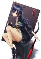 Rule 34 | 1girl, absurdres, arknights, black footwear, black shorts, blue hair, breasts, ch&#039;en (arknights), dragon horns, dragon tail, fingerless gloves, gloves, highres, horns, jacket, long hair, looking at viewer, nana kamiii, red eyes, shirt, short shorts, shorts, sitting, smile, solo, sword, tail, v, weapon, yellow neckwear