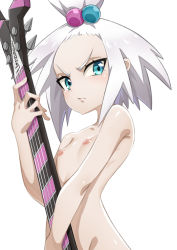 Rule 34 | 1girl, ajula wachula, aqua eyes, breasts, closed mouth, commentary request, creatures (company), eyelashes, game freak, guitar, hair bobbles, hair ornament, highres, holding, holding instrument, instrument, nintendo, nipples, nude, pokemon, pokemon bw2, roxie (pokemon), shiny skin, small breasts, solo, topknot, v-shaped eyebrows, white hair