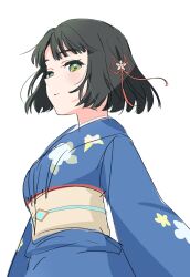 Rule 34 | 1girl, :|, arms at sides, black hair, blue kimono, blunt bangs, blunt ends, check commentary, closed mouth, commentary request, floating hair, floral print, flower, from side, green eyes, hair flower, hair ornament, highres, japanese clothes, kimono, koiori, link! like! love live!, long sleeves, looking at viewer, looking to the side, love live!, momose ginko, obi, official alternate costume, sash, short hair, simple background, solo, upper body, virtual youtuber, white background, yellow sash