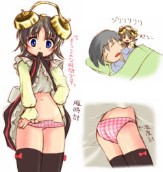 Rule 34 | &gt; &lt;, 1boy, 1girl, = =, alarm clock, ass, bed, black thighhighs, blue eyes, blush, body writing, checkered clothes, checkered panties, chibi, clock, closed eyes, clothes lift, digital clock, dress, dress lift, grey hair, groin, hair ornament, lying, maid, midriff, mini person, minigirl, on side, original, panties, panty pull, personification, pillow, pink panties, plaid, plaid panties, short hair, skirt, skirt lift, sleeping, sweatdrop, thighhighs, translation request, underwear, undressing, upskirt