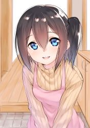 Rule 34 | 1girl, :d, apron, blue eyes, blush, breasts, brown hair, brown sweater, commentary, hair between eyes, hallway, highres, indoors, leaning forward, long sleeves, looking at viewer, one side up, open mouth, original, pink apron, ribbed sweater, small breasts, smile, solo, suzunari shizuku, sweater, teeth, upper teeth only, yuki arare