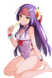 Rule 34 | 1girl, :p, alternate costume, bare legs, bare shoulders, barefoot, breasts, cleavage, commentary request, fire emblem, fire emblem: radiant dawn, flower, food, groin, hair flower, hair ornament, hand up, haru (nakajou-28), headband, highres, holding, holding food, long hair, looking at viewer, nintendo, one-piece swimsuit, popsicle, purple hair, purple one-piece swimsuit, sanaki kirsch altina, seiza, shawl, simple background, sitting, small breasts, solo, swimsuit, thighs, tongue, tongue out, very long hair, white background, yellow eyes, yellow flower