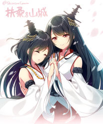 Rule 34 | 2girls, bare shoulders, black hair, character name, commentary request, detached sleeves, closed eyes, fusou (kancolle), hair ornament, holding hands, huyukaaki, japanese clothes, kantai collection, long hair, multiple girls, nontraditional miko, open mouth, petals, red eyes, red skirt, short hair, siblings, sisters, skirt, smile, twitter username, wide sleeves, yamashiro (kancolle)
