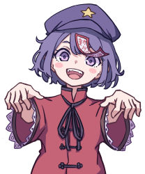 Rule 34 | 1girl, absurdres, black skirt, blush stickers, breasts, cabbie hat, chinese clothes, hat, hat ornament, highres, jiangshi, kame (kamepan44231), medium breasts, miyako yoshika, ofuda, one-hour drawing challenge, outstretched arms, purple eyes, purple hair, purple hat, red shirt, shirt, short hair, simple background, skirt, solo, star (symbol), star hat ornament, tangzhuang, touhou, white background, wide sleeves, zombie pose