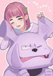 Rule 34 | 1girl, absurdres, arched bangs, cardigan, collared shirt, commentary request, creatures (company), eyelashes, furukawa raku, game freak, gen 2 pokemon, granbull, hair ornament, hairclip, hands up, highres, lacey (pokemon), long hair, lower teeth only, nintendo, open mouth, outline, pink background, pokemon, pokemon (creature), pokemon sv, purple cardigan, purple hair, shirt, teeth, tongue, upper body, white shirt, yellow eyes