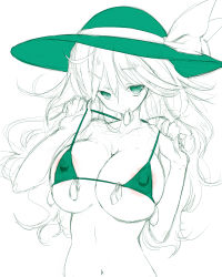 Rule 34 | 1girl, bra, breasts, condom, condom in mouth, covered erect nipples, green eyes, hat, komeiji koishi, kurokuro, large breasts, long hair, monochrome, mouth hold, navel, sketch, smile, solo, spot color, touhou, underwear, used condom