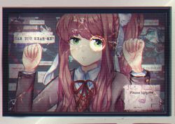 Rule 34 | 1girl, blouse, breaking, broken glass, brown hair, chromatic aberration, commentary, crack, cracked glass, doki doki literature club, english commentary, english text, film grain, friedraisu, glass, glitch, green eyes, highres, long hair, looking at viewer, monika (doki doki literature club), monitor, ponytail, school uniform, shirt, solo, solo focus, spoilers, white shirt, window (computing)