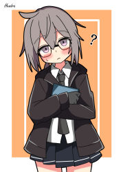 1girl ? absurdres artist_name black-framed_eyewear black_gloves black_necktie black_outline black_skirt blush border brown_jacket closed_mouth collared_shirt commentary_request cowboy_shot girls&#039;_frontline glasses gloves grey_hair hair_between_eyes head_tilt hendra highres holding jacket long_sleeves looking_at_viewer m200_(girls&#039;_frontline) miniskirt necktie open_clothes open_jacket outline outside_border pleated_skirt purple_eyes shirt short_hair signature simple_background skirt solo standing sweatdrop white_border white_shirt yellow_background