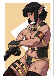 Rule 34 | 1girl, abs, black gloves, black hair, black panties, breasts, brown background, brown eyes, brown thighhighs, cel shading, chest harness, closed mouth, commentary, cowboy shot, dark-skinned female, dark nipples, dark skin, dog tags, english commentary, gloves, gun, handgun, harness, highres, holding, holding gun, holding weapon, large breasts, looking afar, muscular, muscular female, nipples, original, panties, pointy ears, pouch, profile, puchirisu, reloading, shiny skin, short bangs, short hair, smile, solo, thigh strap, thighhighs, two-tone background, two-tone panties, underwear, weapon, white background, yellow panties