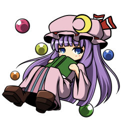 Rule 34 | 1girl, aitsugawa rui, bad id, bad pixiv id, blue eyes, book, boots, chibi, covering face, covering own mouth, covering privates, crescent, dress, female focus, full body, hat, hat ribbon, holding, holding book, long hair, open book, orb, patchouli knowledge, purple hair, ribbon, simple background, solo, touhou, white background