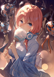 Rule 34 | 1girl, alternate costume, bison cangshu, blue eyes, blue kimono, blurry, blurry background, blush, bow, breasts, brown hair, commentary request, covered mouth, depth of field, go-toubun no hanayome, hair between eyes, hand fan, hands up, headphones, headphones around neck, highres, holding, holding fan, japanese clothes, kimono, long hair, looking at viewer, medium breasts, nakano miku, obi, paper fan, sash, sidelocks, solo, uchiwa, upper body, white bow, wind chime