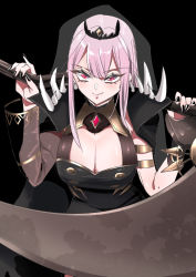 Rule 34 | 1girl, absurdres, armlet, black background, black cape, black nails, blush, breasts, cape, cleavage, closed mouth, eyelashes, fingernails, gem, hair between eyes, highres, hirakata masahiro, holding, holding scythe, holding weapon, hololive, hololive english, large breasts, long eyelashes, long fingernails, long hair, looking at viewer, mori calliope, nail polish, over shoulder, pink hair, purple eyes, rust, scythe, see-through, sharp fingernails, simple background, smile, solo, spikes, tiara, torn, torn cape, torn clothes, veil, virtual youtuber, weapon, weapon over shoulder