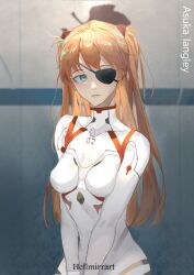 Rule 34 | 1girl, arms under breasts, artist name, blue eyes, bodysuit, breasts, character name, evangelion: 3.0+1.0 thrice upon a time, eyepatch, gloves, hair ornament, hellmirrart, long hair, looking at viewer, medium breasts, neon genesis evangelion, plugsuit, rebuild of evangelion, shiny clothes, simple background, solo, souryuu asuka langley, standing, white bodysuit